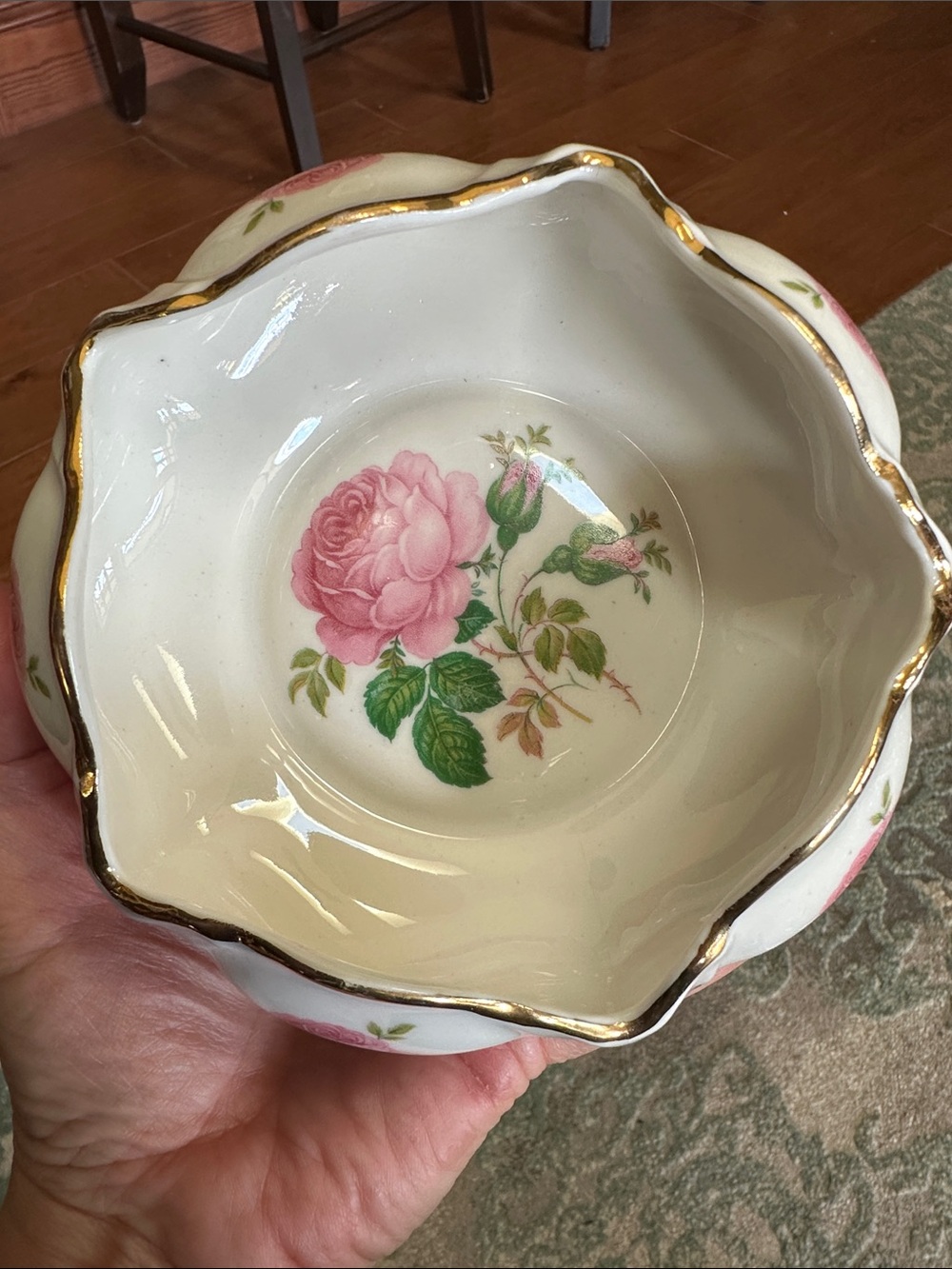 Vintage Elynor Pink Rose Porcelain Bowl with 22k Gold Trim